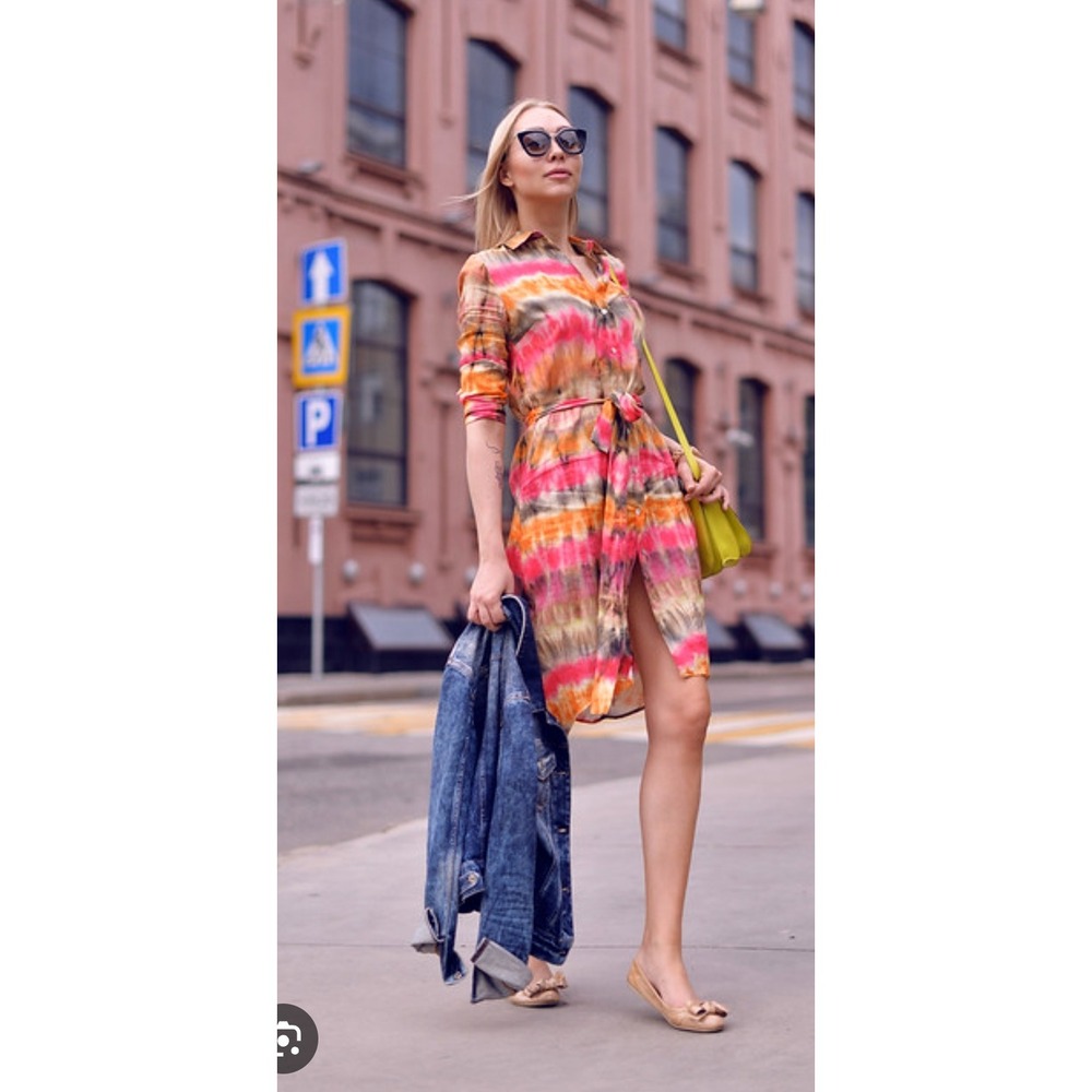ZARA WOMAN Tie Dye Shirt Dress Belted Midi Long Sleeve Orange‎ Pink Gray Size S